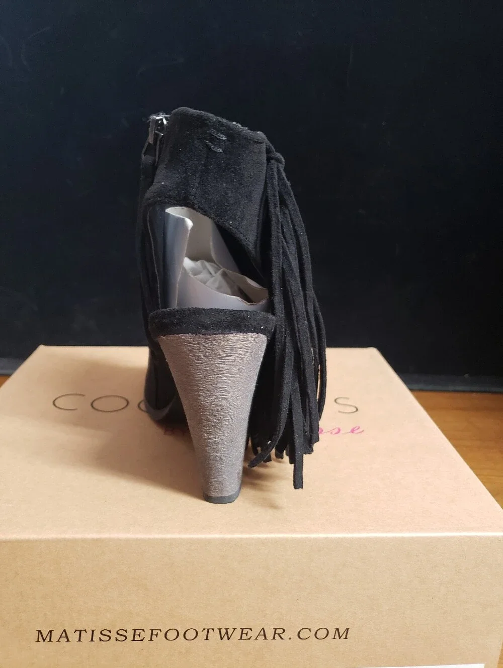 Coconuts by Matisse Black Suede Peep-Toe Tassel Block Heel Booties